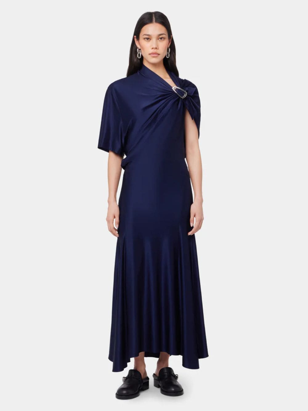 Navy Asymmetrical Jersey Long Dress