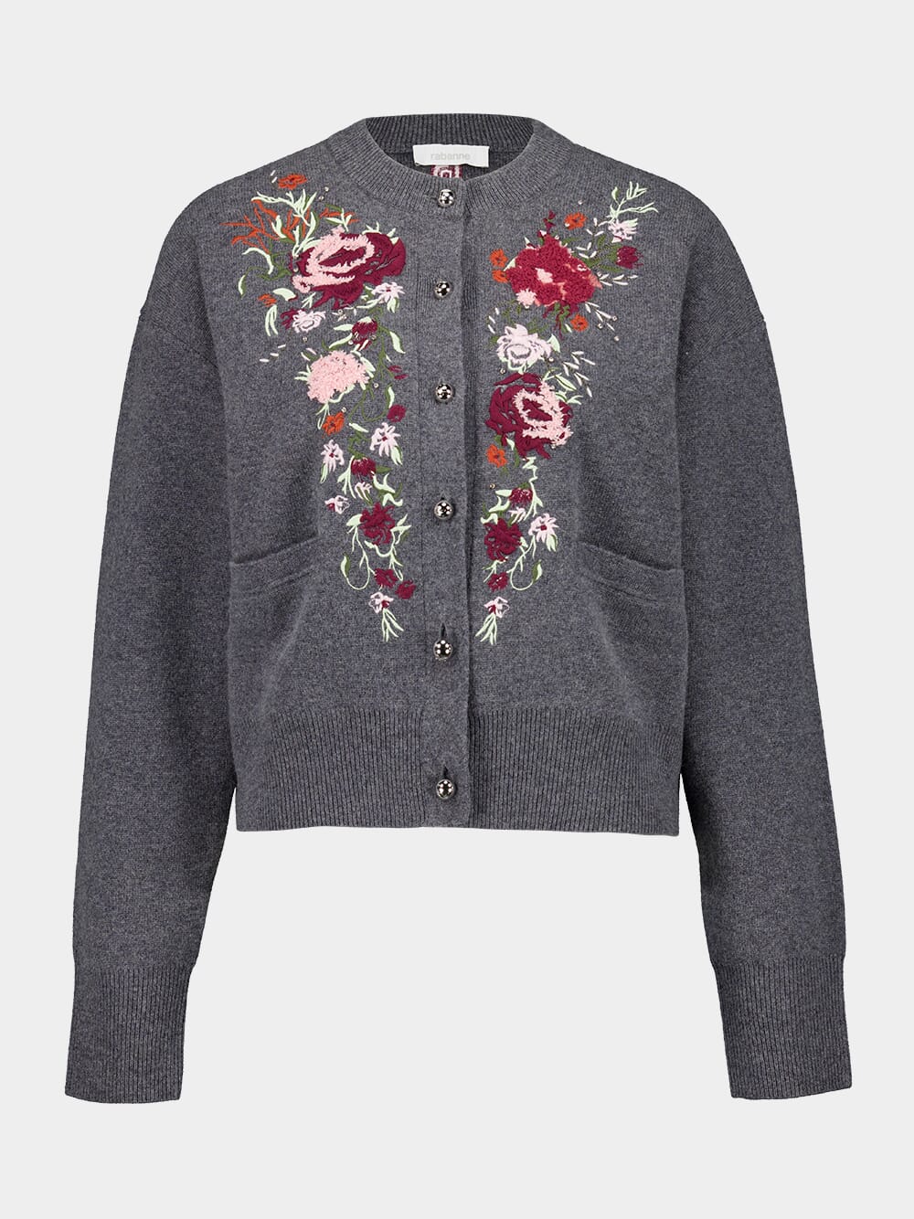 Grey Wool Cashmere Floral Embroidered Cardigan