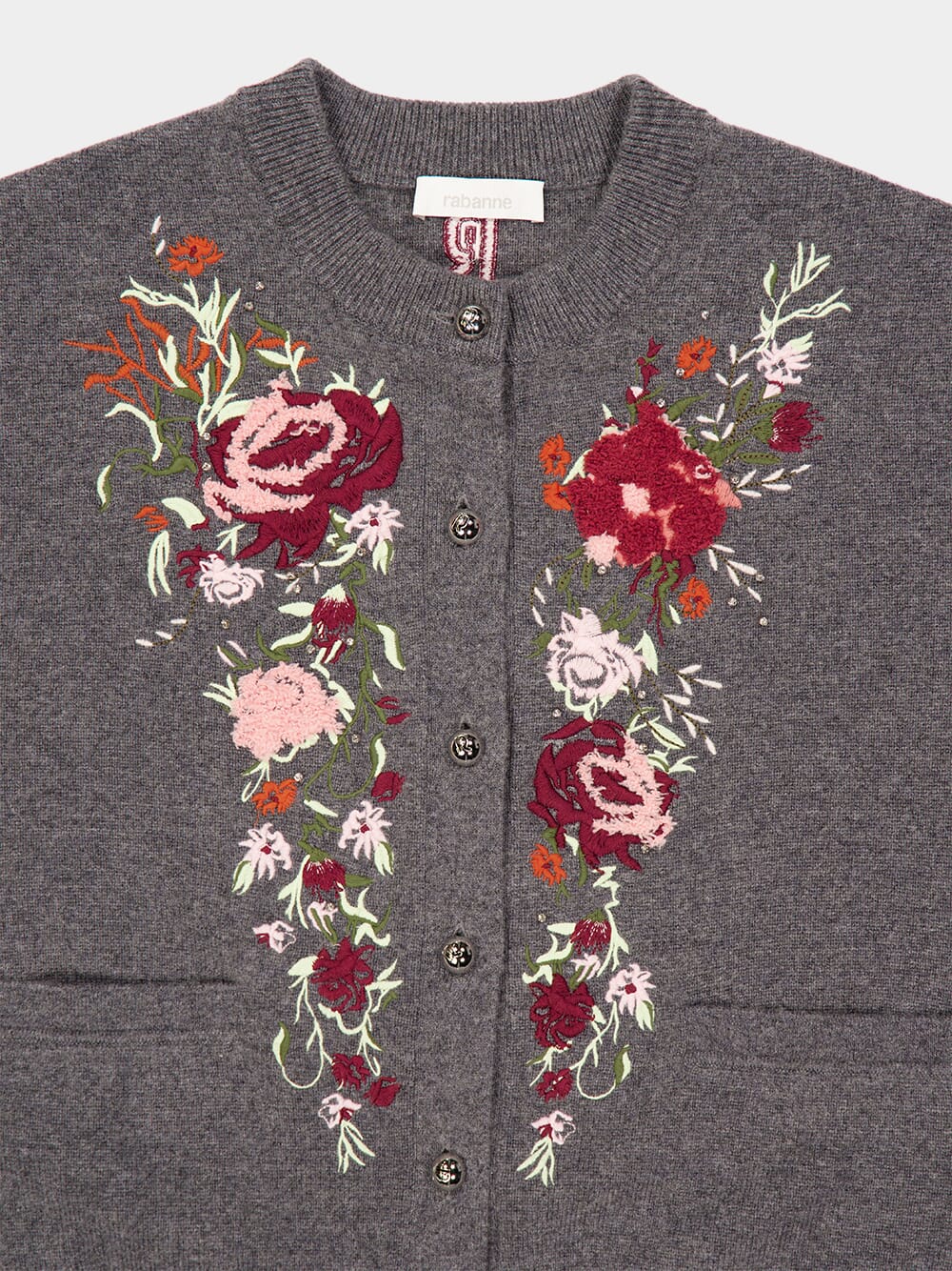 Grey Wool Cashmere Floral Embroidered Cardigan