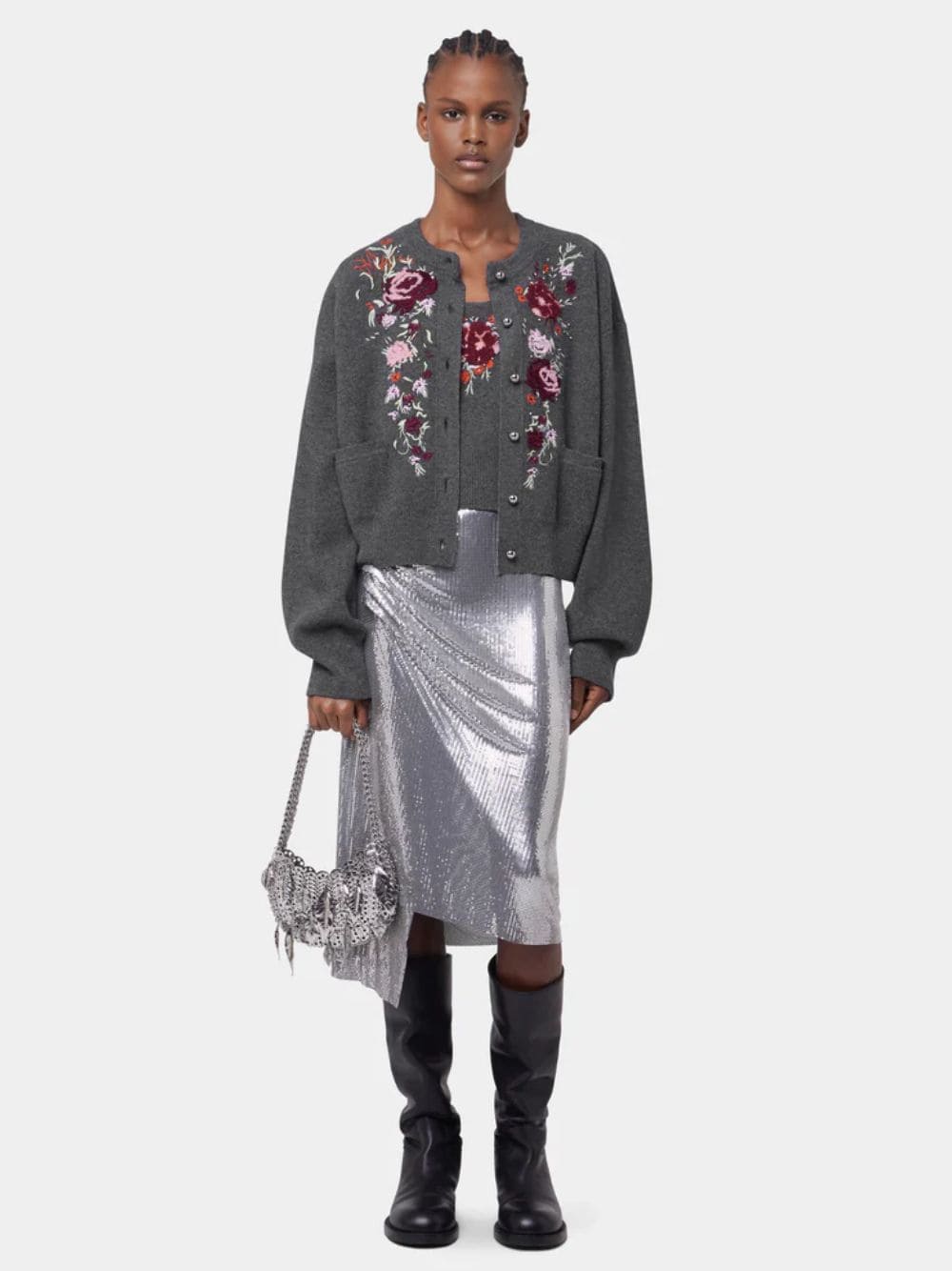 Grey Wool Cashmere Floral Embroidered Cardigan