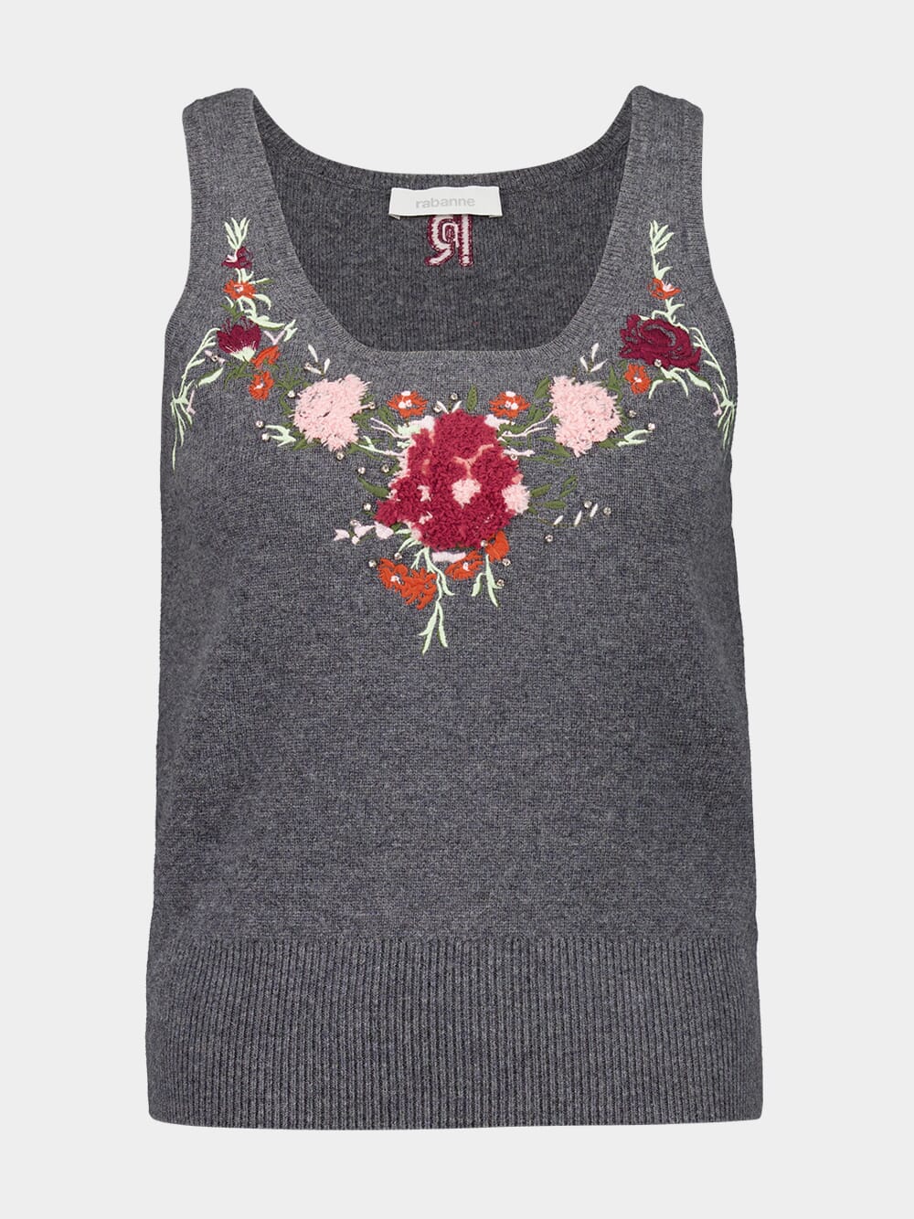 Grey Wool Cashmere Floral Embroidered Cardigan