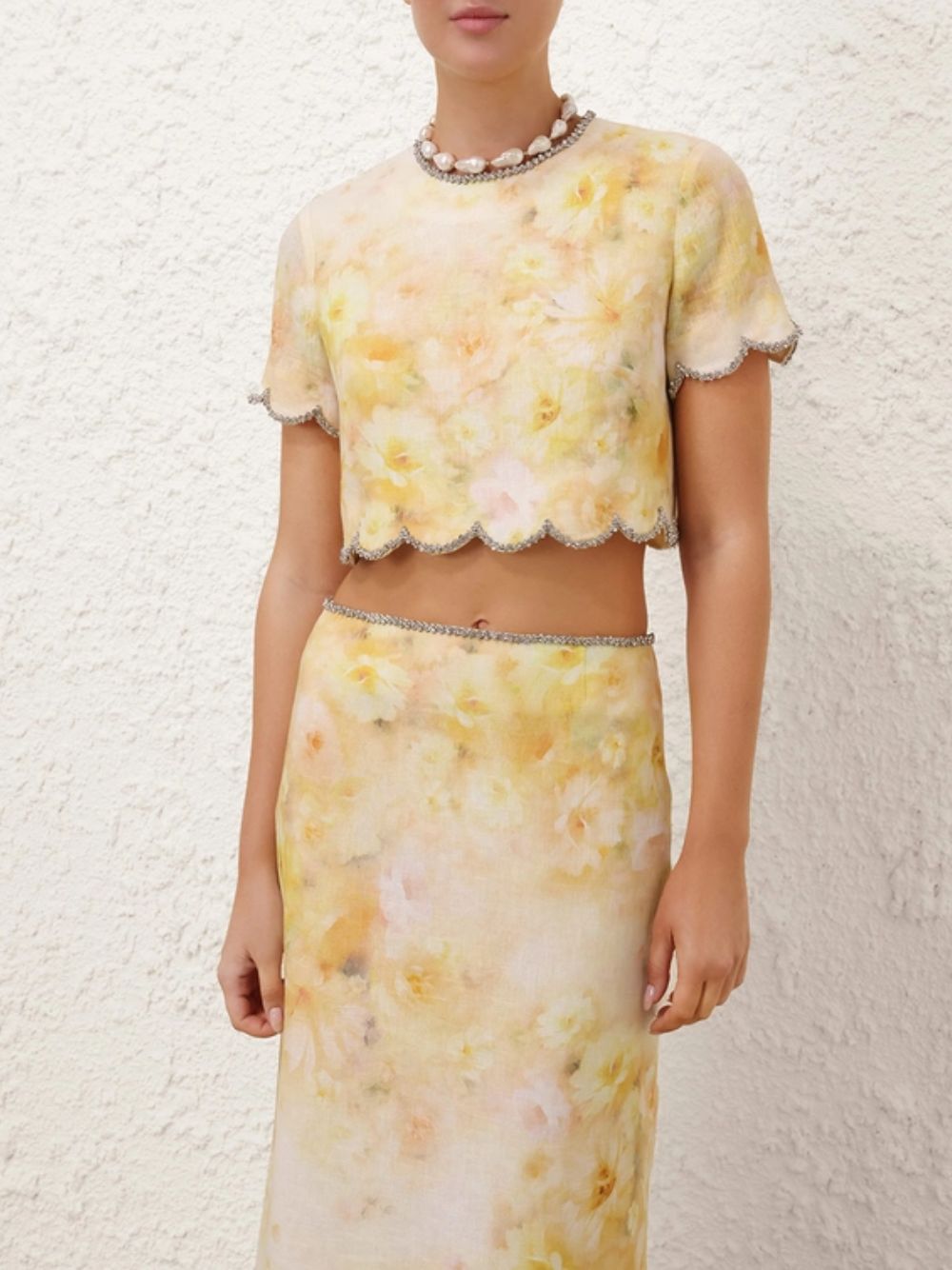 Yellow Floral Crush Scalloped Top