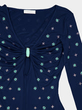 Rabanne Navy Embellished Ruched V-Neck Cupro Top