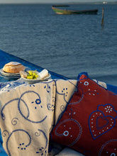 House of Capricorn Hand-Embroidered Viana Bordeaux Linen with Blue Embroidery Cushion