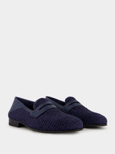 Manolo Blahnik Padstow Navy Blue Raffia Penny Loafers