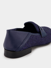 Manolo Blahnik Padstow Navy Blue Raffia Penny Loafers