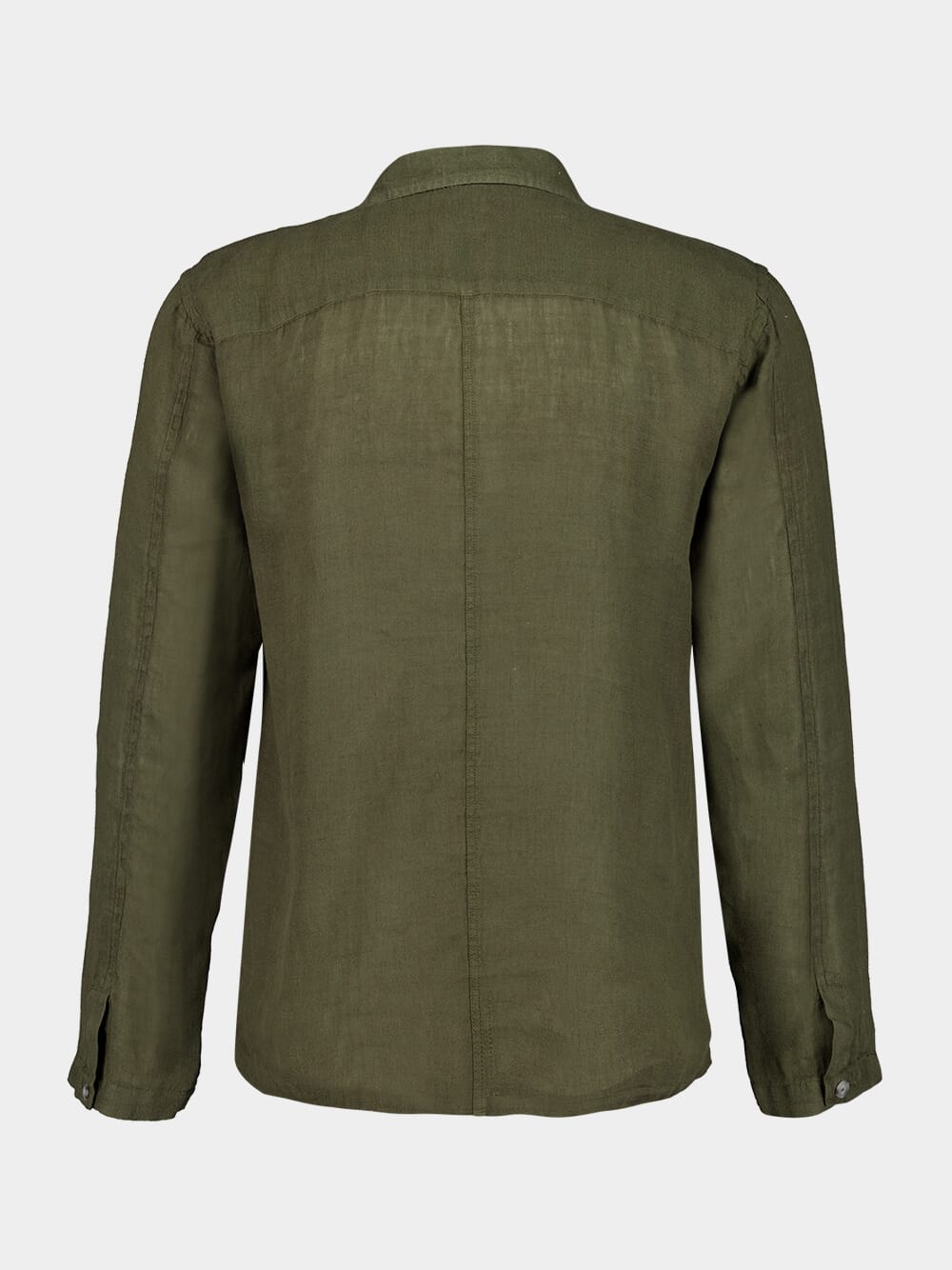 Military Green Long-Sleeve Linen Shirt with Front Pockets