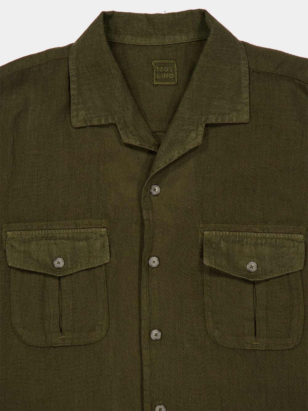 Military Green Long-Sleeve Linen Shirt with Front Pockets