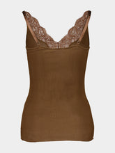 Saint Laurent Caramel Lace-Trim Ribbed Silk Tank Top