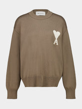 Ami Paris Beige Wool and Cotton Ami de Coeur Crewneck Sweater