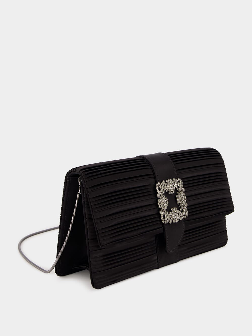 Black Satin Clutch with Crystal Buckle Detail