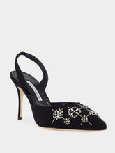 Manolo Blahnik Black Silk Ralyne Slingback Crystal Pumps
