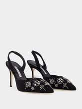 Manolo Blahnik Black Silk Ralyne Slingback Crystal Pumps
