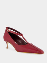Manolo Blahnik Dark Red Rosellón T-Strap Leather Kitten Pumps
