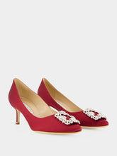 Manolo Blahnik Red Hangisi 50 Satin Jewel Buckle Pumps