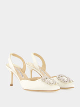 Manolo Blahnik Cream Hangisli Satin Jewel Slingback Pumps