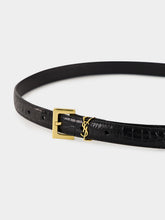Saint Laurent Black Cassandre Thin Crocodile-Embossed Belt