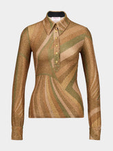 Pucci Iride Print Gold Lamé Jersey Polo Top