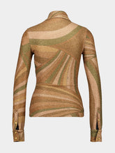 Pucci Iride Print Gold Lamé Jersey Polo Top
