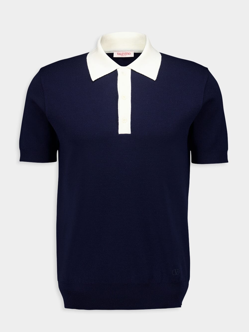 Navy Wool Polo Shirt with VLogo Embroidery