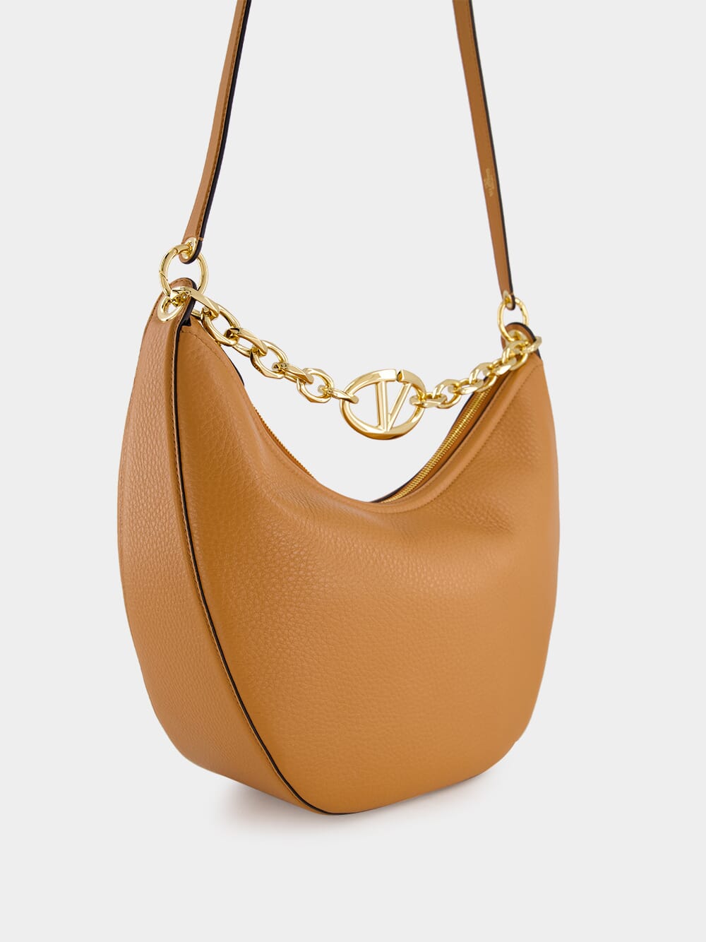 Brown Hobo Moon Medium Leather Bag with VLogo Chain