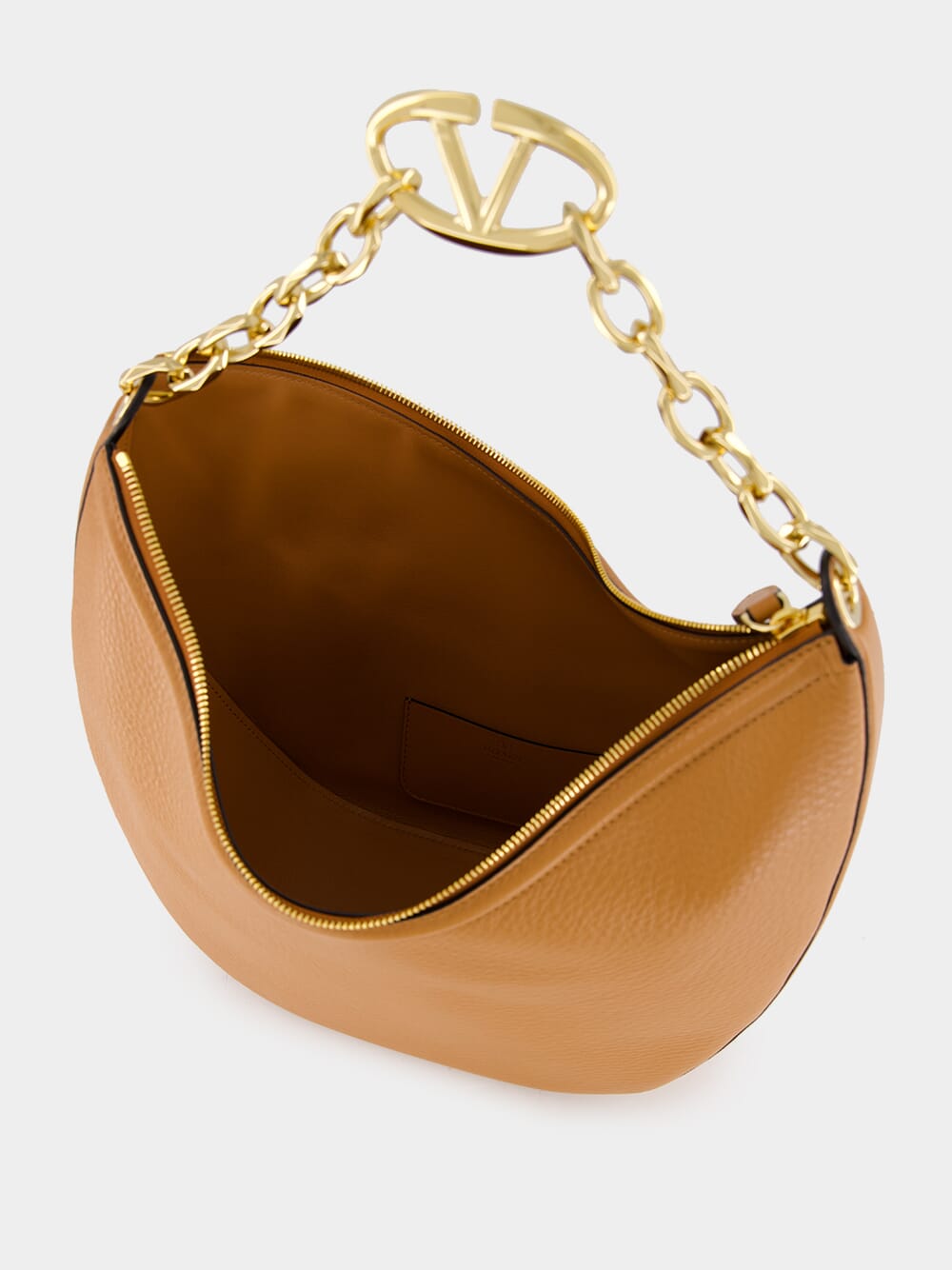 Brown Hobo Moon Medium Leather Bag with VLogo Chain