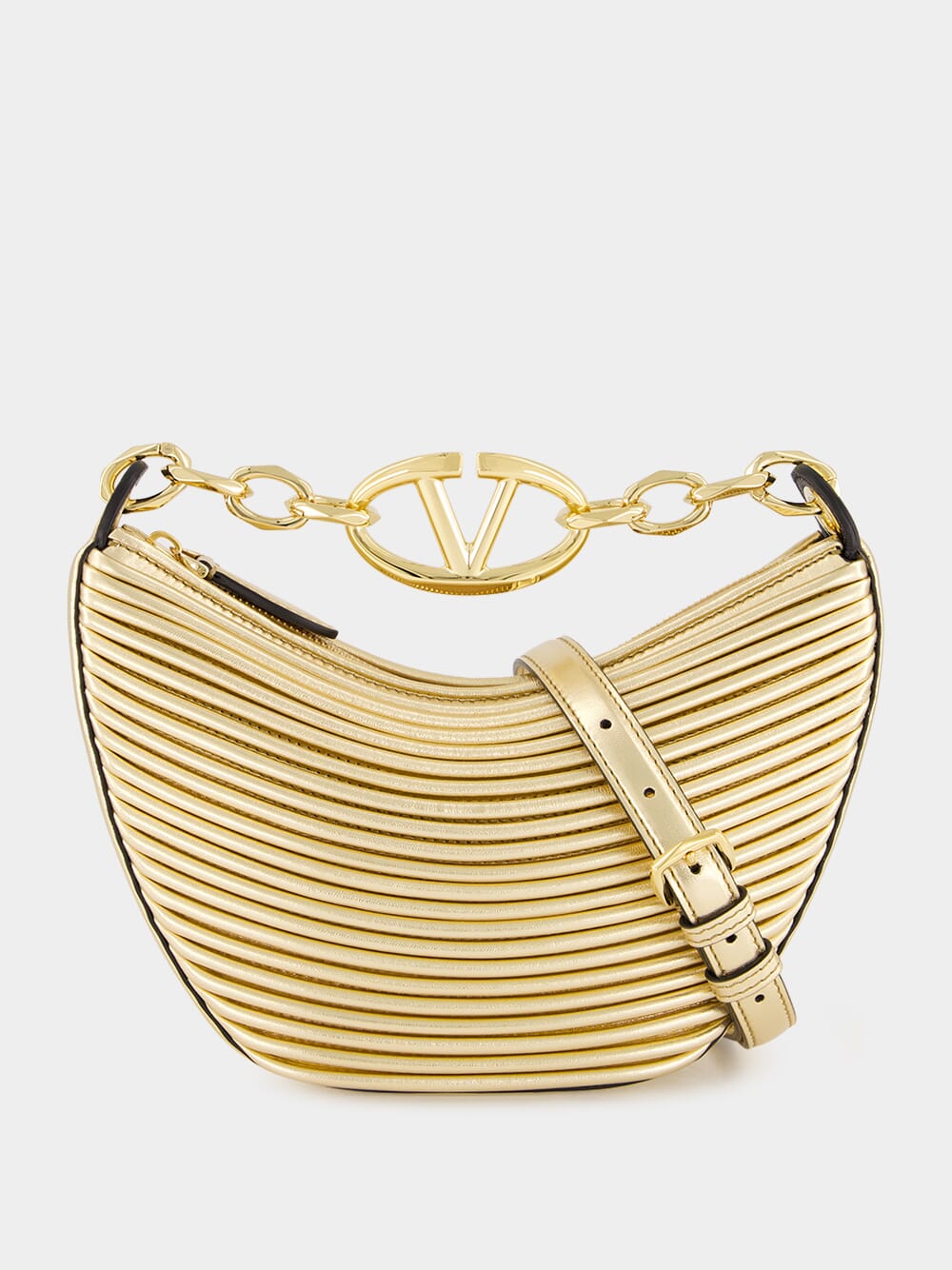 Gold Nappa Leather Mini Hobo Moon Bag with VLogo Chain