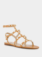 Valentino Garavani Almond Brown Rockstud flat leather sandals