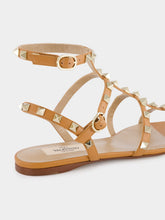 Valentino Garavani Almond Brown Rockstud flat leather sandals