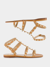 Valentino Garavani Almond Brown Rockstud flat leather sandals