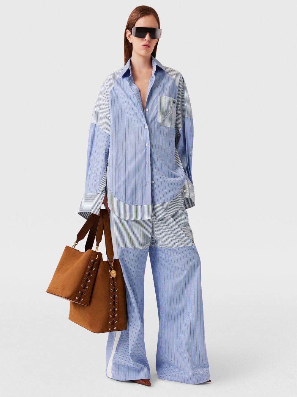 Light Blue Wide-Leg Mixed Stripe Trousers