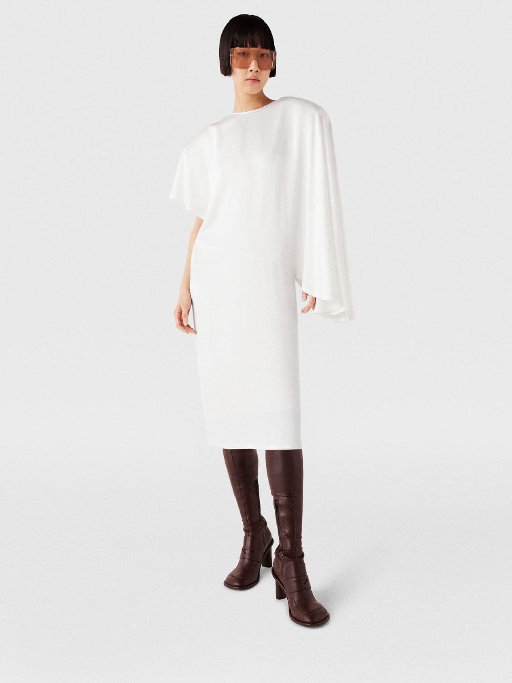 White Asymetric Draped Midi Dress