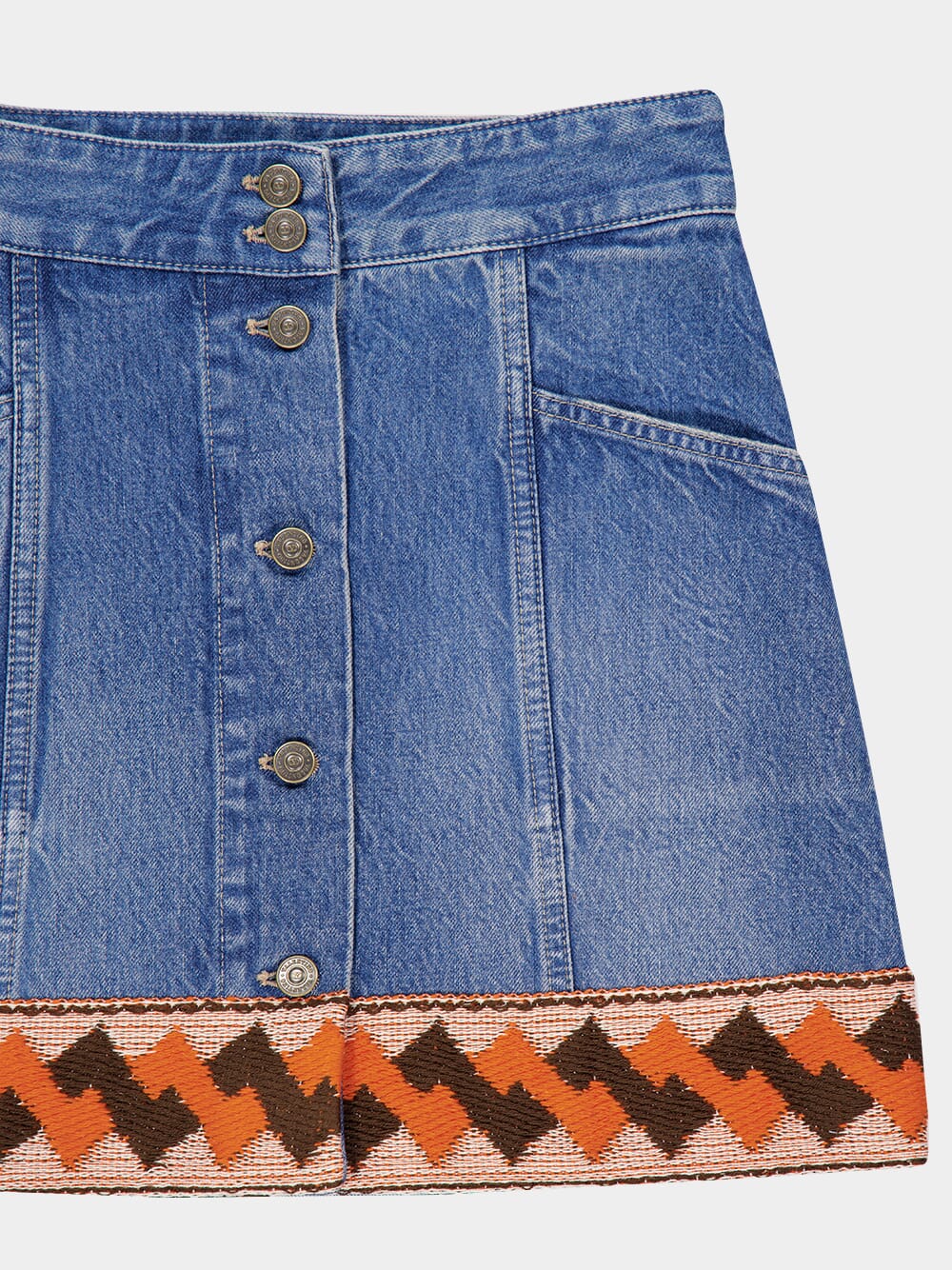 Blue Denim Skirt with Jacquard Trims