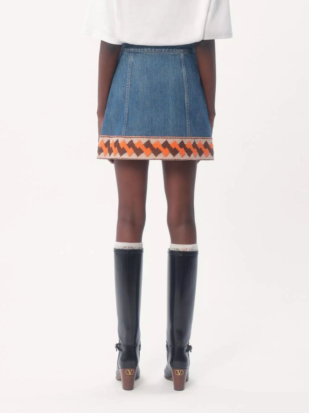 Blue Denim Skirt with Jacquard Trims