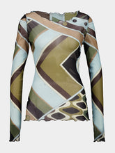 Pucci Khaki and Blue Vivara Print Tulle Top