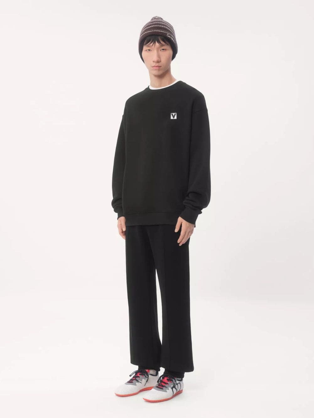 Black Cotton Crewneck Sweatshirt with Chez Valentino Patch