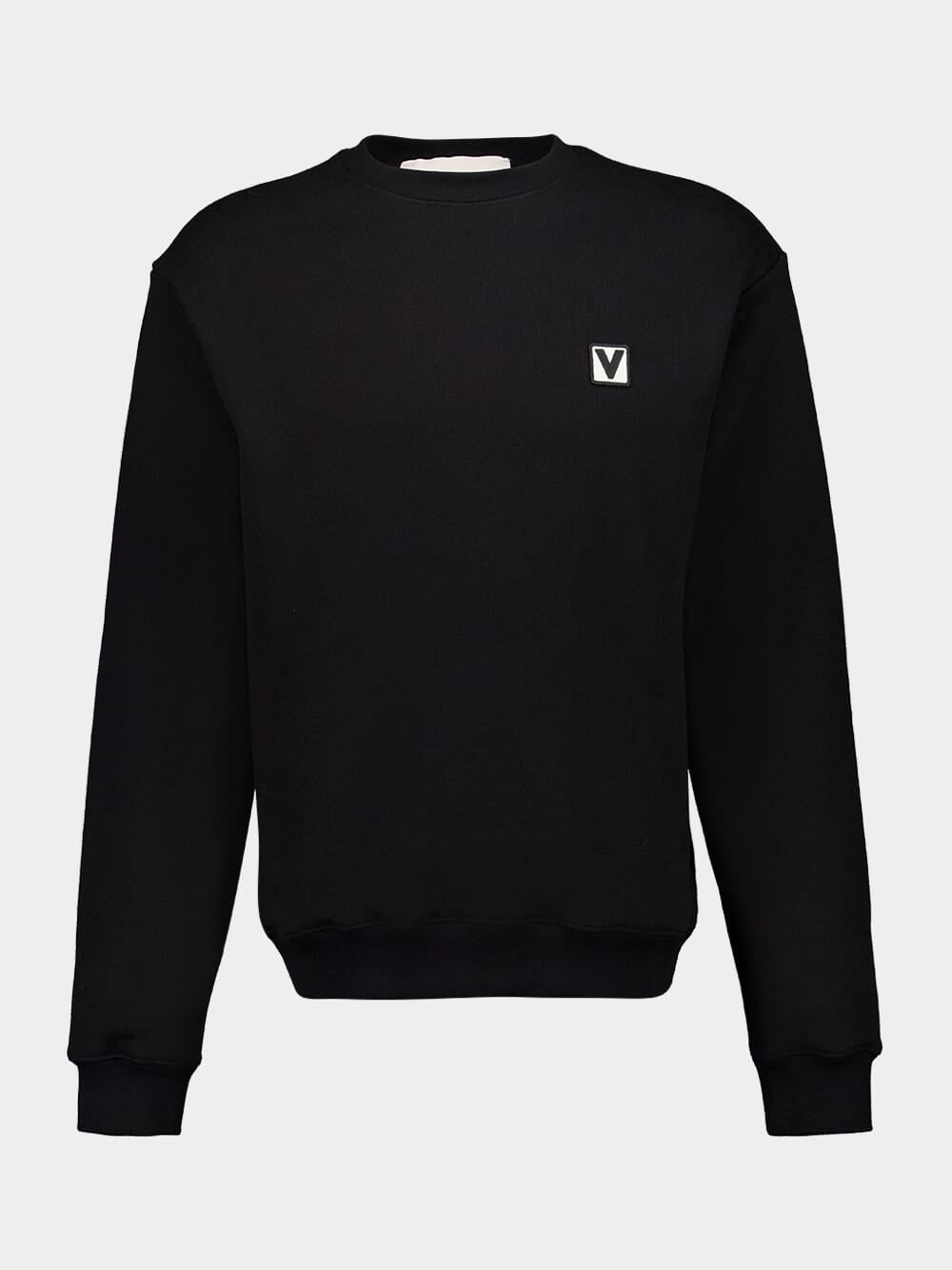 Black Cotton Crewneck Sweatshirt with Chez Valentino Patch