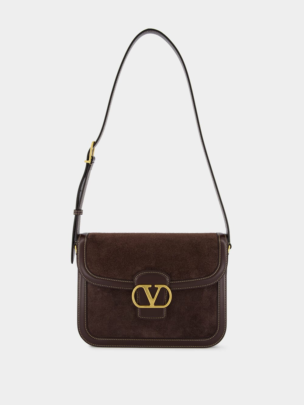 Dark Brown Suede Shoulder Bag with Brass Logo