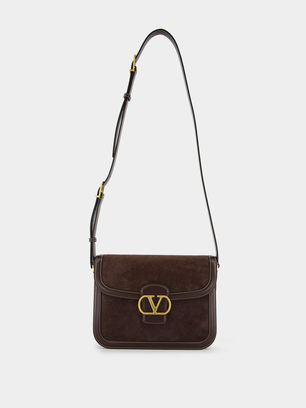 Dark Brown Suede Shoulder Bag with Brass Logo