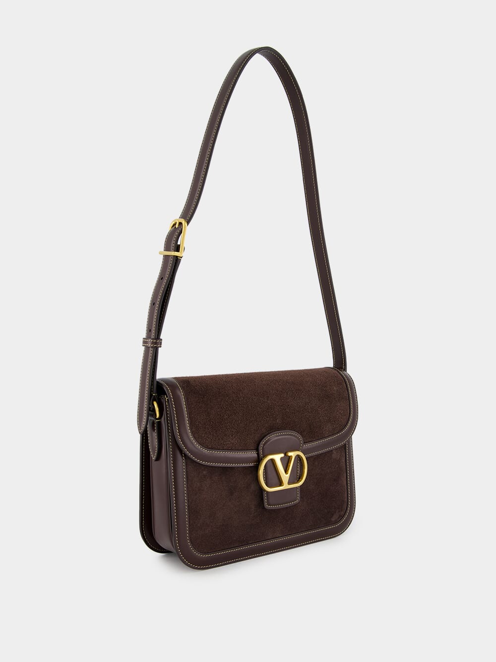 Dark Brown Suede Shoulder Bag with Brass Logo