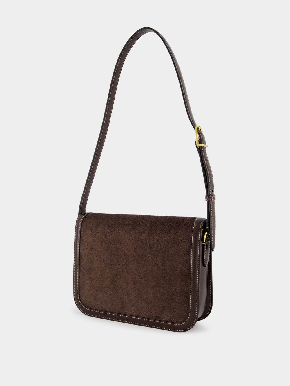 Dark Brown Suede Shoulder Bag with Brass Logo