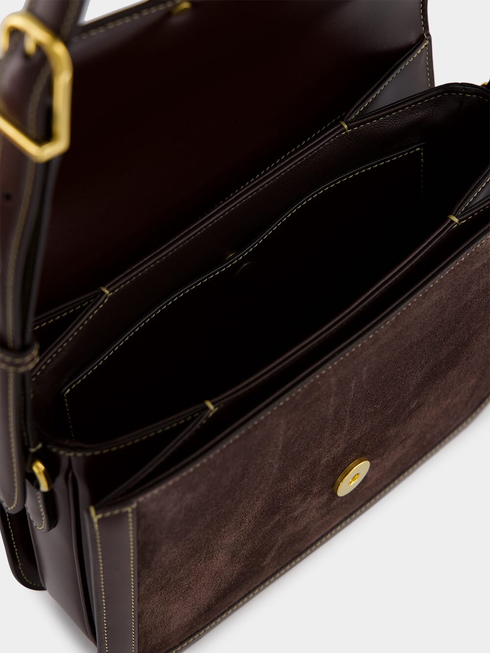 Dark Brown Suede Shoulder Bag with Brass Logo