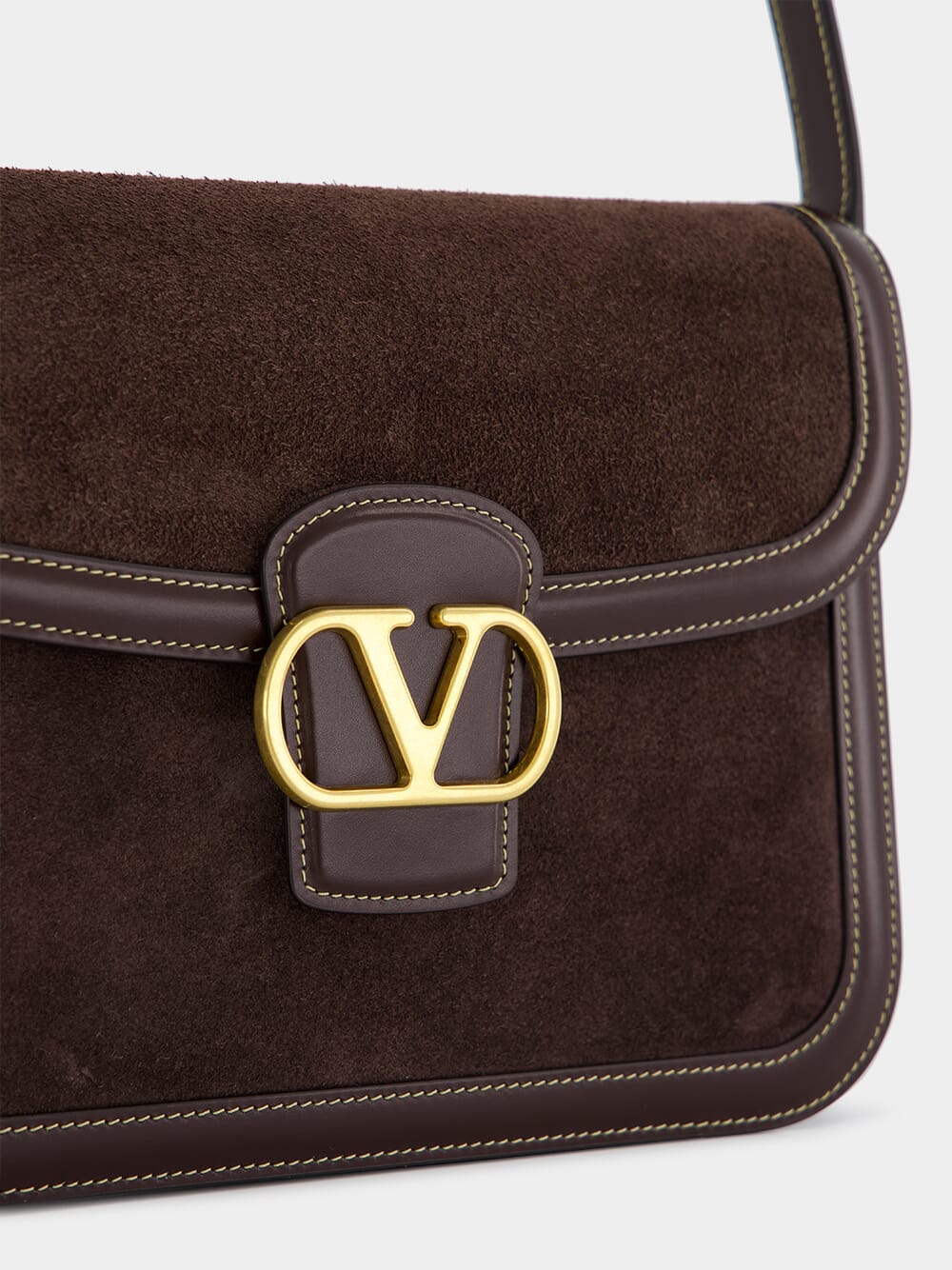 Dark Brown Suede Shoulder Bag with Brass Logo