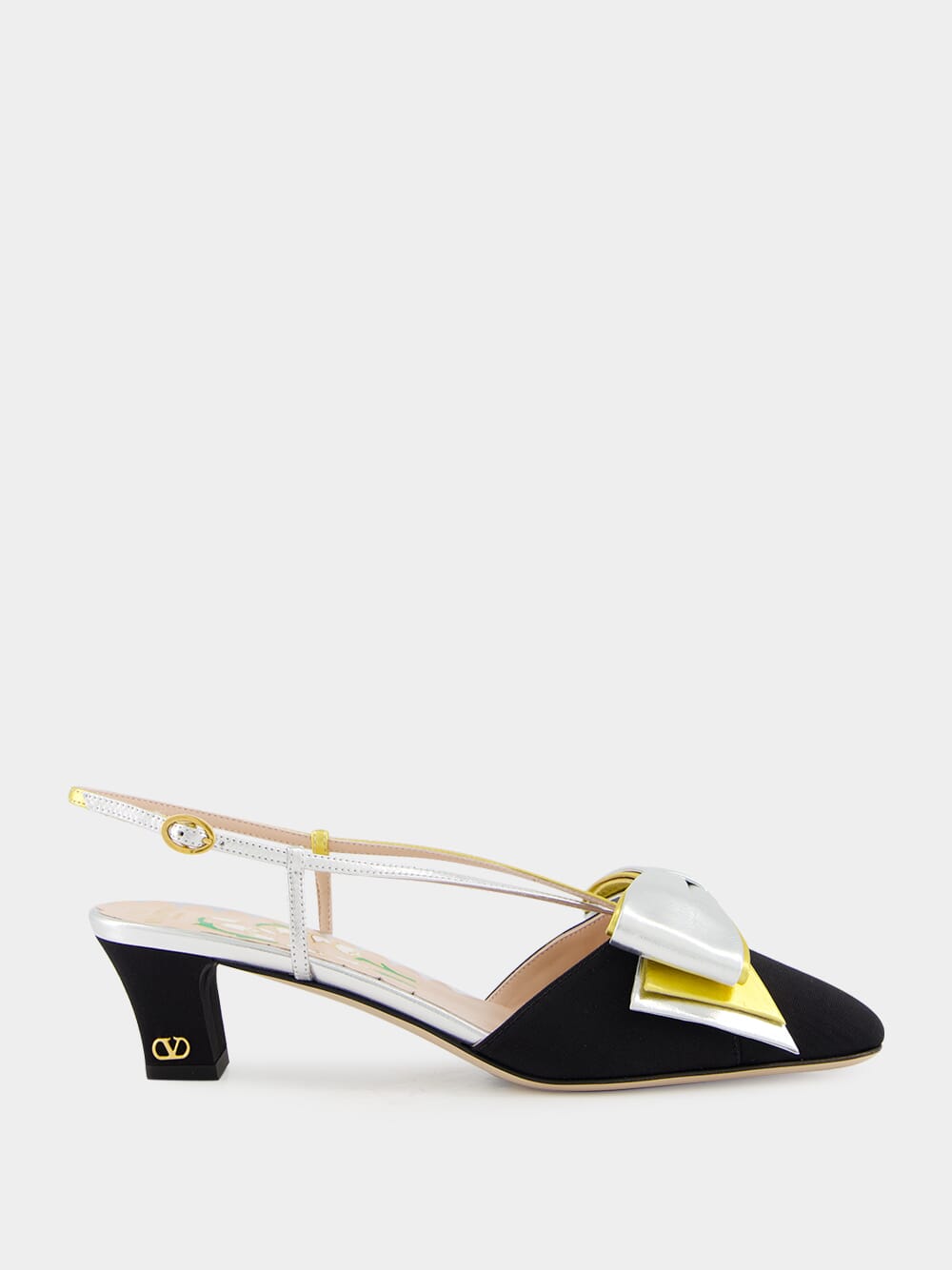 Black and Silver Bowow Slingback Pumps in Moiré Fabric