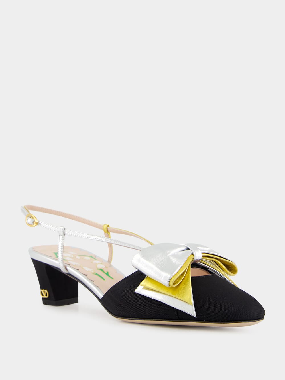 Black and Silver Bowow Slingback Pumps in Moiré Fabric