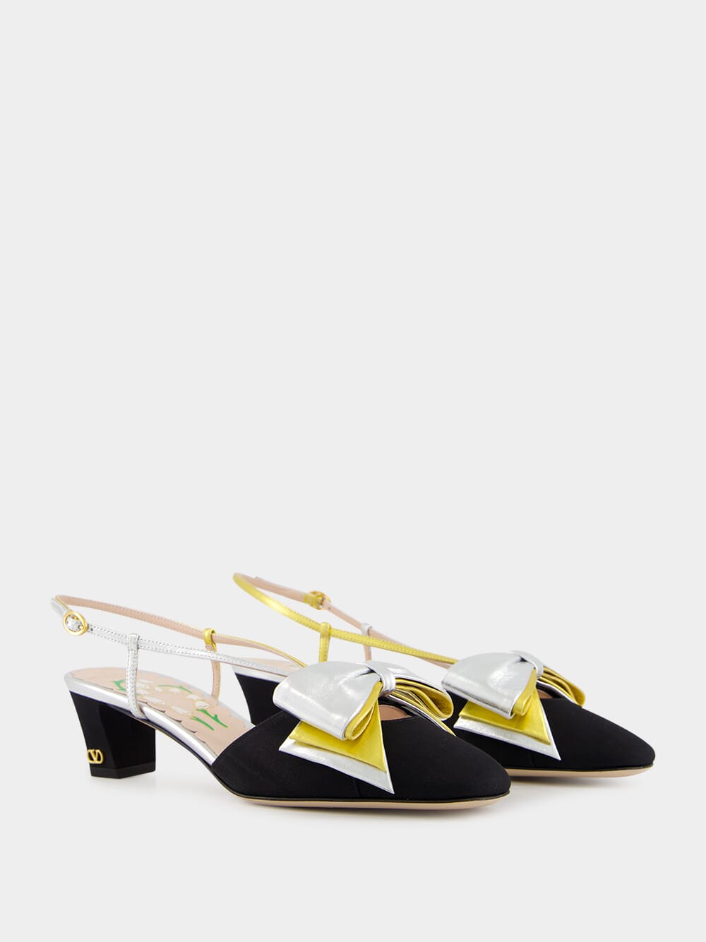 Black and Silver Bowow Slingback Pumps in Moiré Fabric