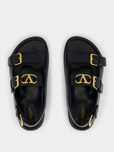 Valentino Garavani Black Flat Leather Sandals with VLogo Buckles