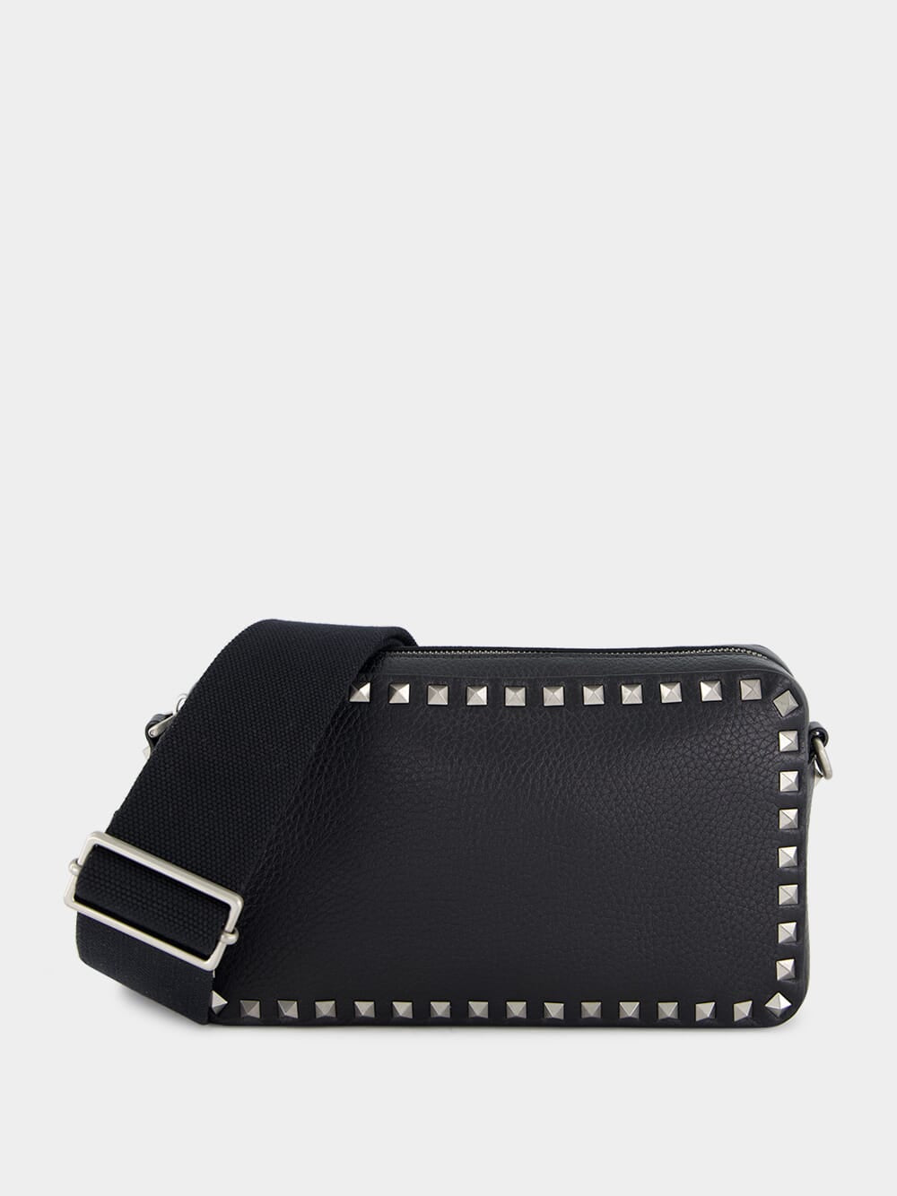 Black Rockstud Grained Leather Crossbody Bag