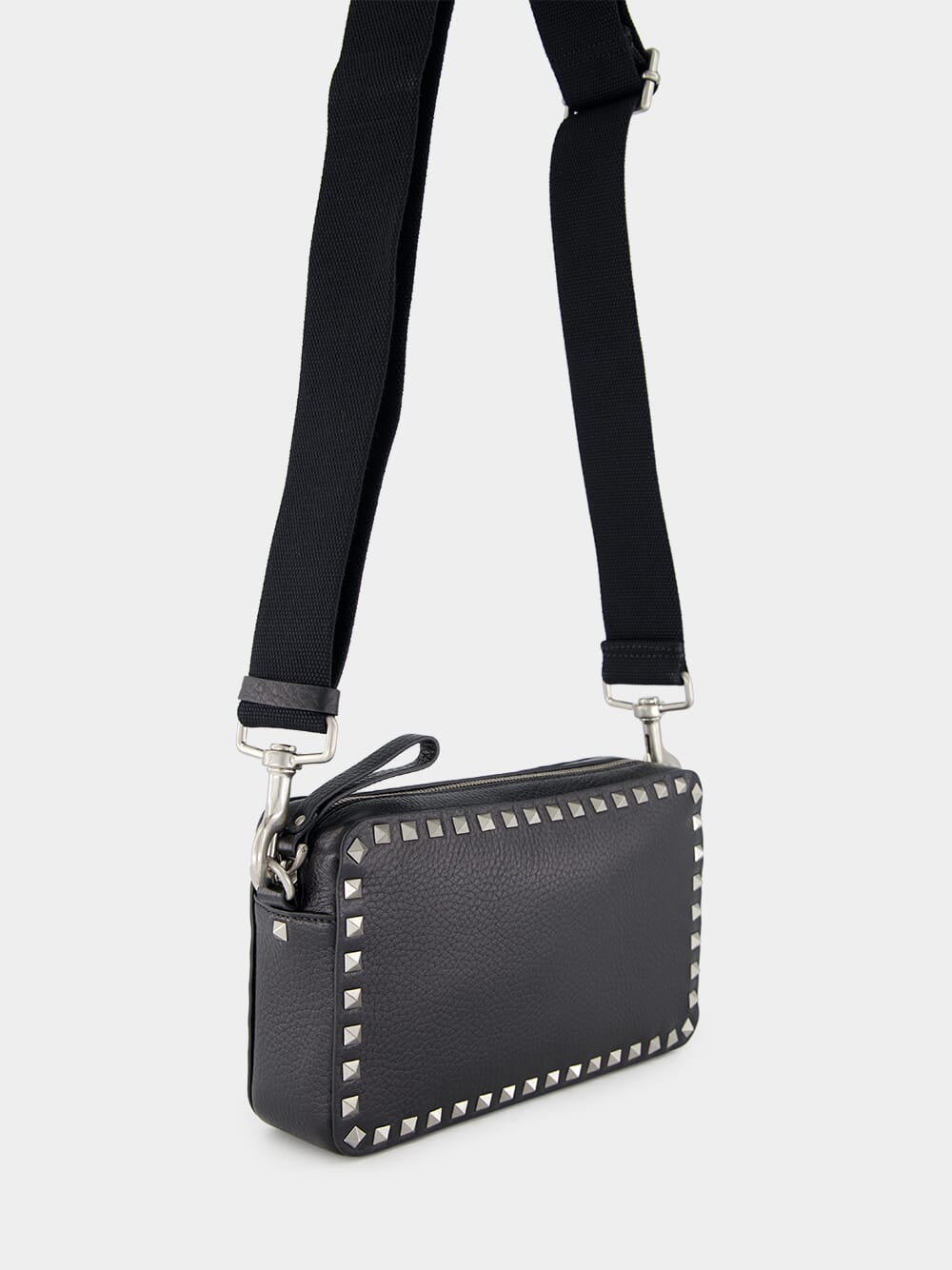 Black Rockstud Grained Leather Crossbody Bag