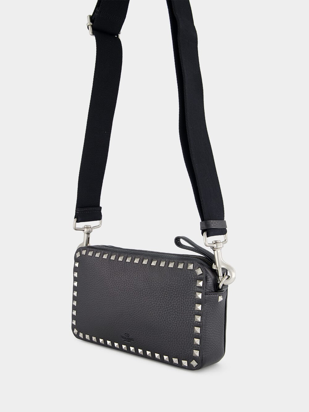 Black Rockstud Grained Leather Crossbody Bag